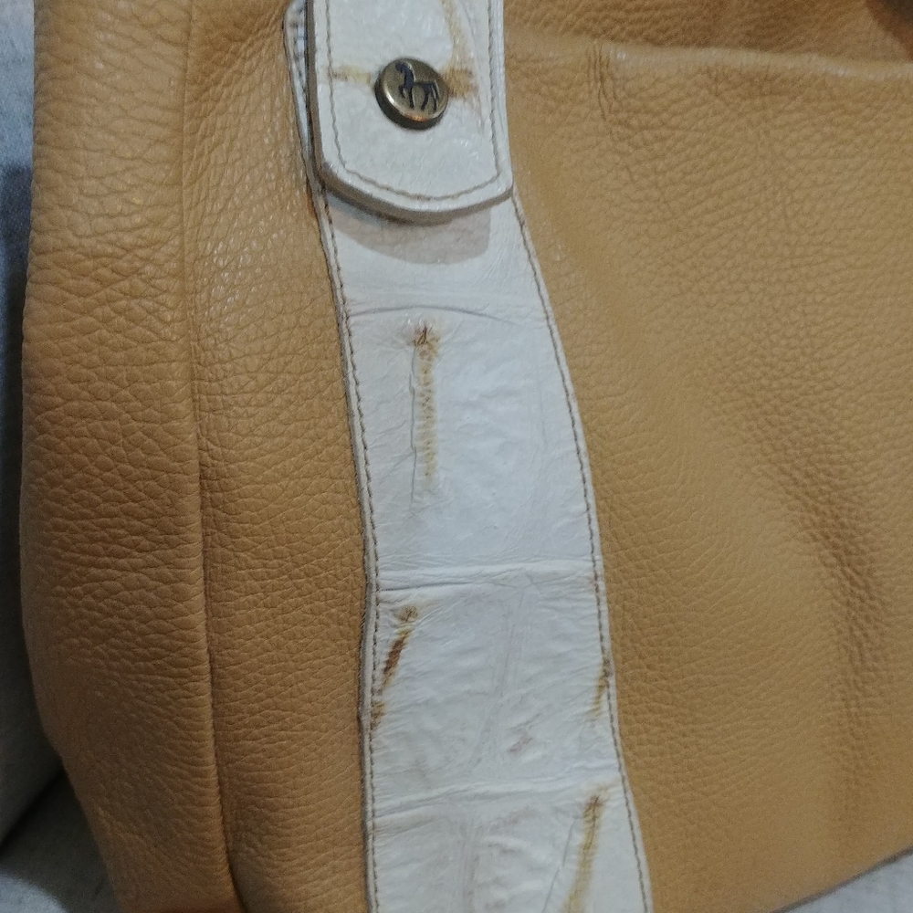 Petusco genuine Spanish leather tan & white double strap roomy handbag - Picture 3 of 10